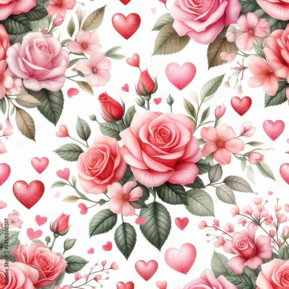 Floral pattern design featuring roses and hearts textile art romantic theme whimsical style close-up view