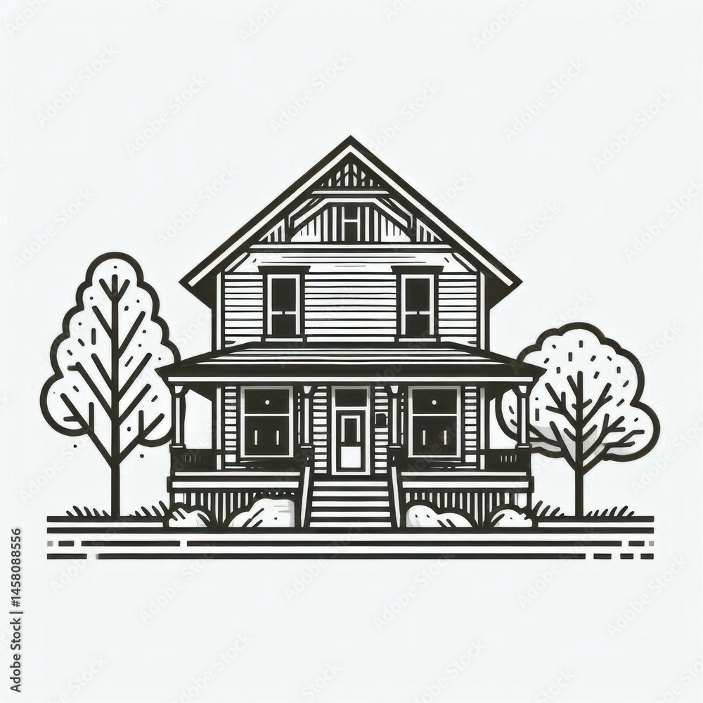 Wooden house illustration tranquil setting digital art cozy environment front view home design concept