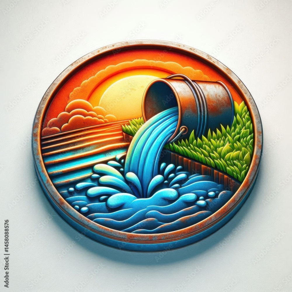 Water flowing from bucket into land nature scene graphic design vibrant colors artistic viewpoint environmental concept