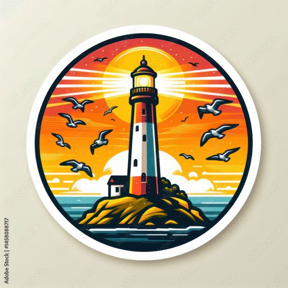 Lighthouse sunset scene coastal landscape graphic art calm ocean vibrant colors serene atmosphere