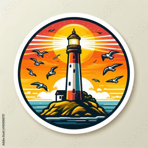 Obraz na płótnie Lighthouse sunset scene coastal landscape graphic art calm ocean vibrant colors serene atmosphere w salonie