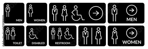 Toilet icons set. Men and women restroom icon sign right arrow. Disabled wheelchair icon. Vector Illustration