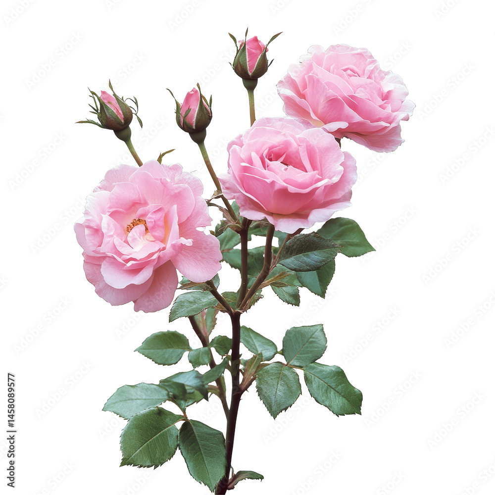 Obraz premium Beautiful pink rose bush showcasing delicate blooms and buds against a transparent background, a pink rose bushfile of isolated object on transparent background