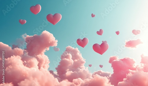 Pink Hearts Floating in a Pastel Sky