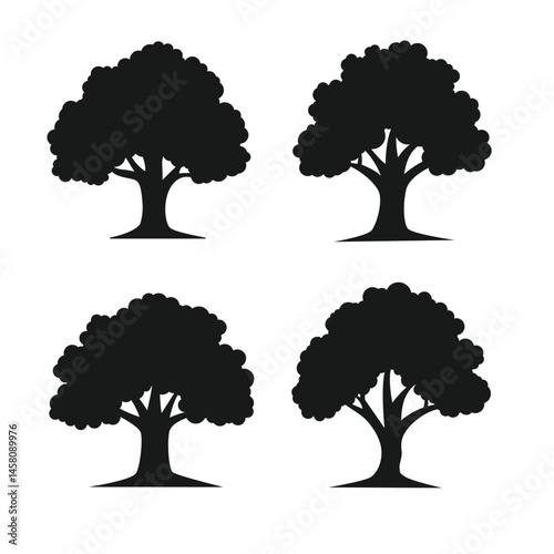 Set of Oak Tree Silhouettes Vector - Black Tree Icons for Nature and Forest Design