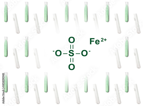 Ferrous Sulfate in test tube with chemical structure, a medicine used to treat and prevent iron deficiency anaemia.