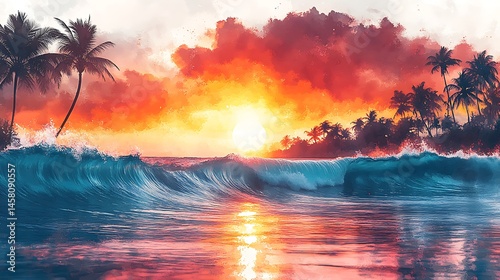 Vibrant tropical t-shirt design featuring sunset and flowers high resolution picture