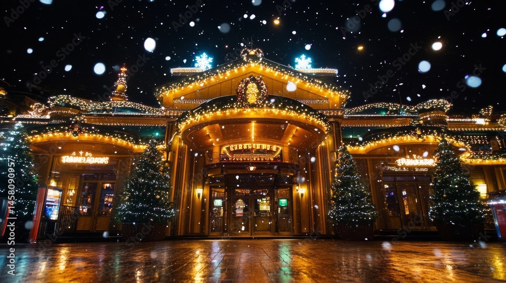 Golden Building Decorated with Christmas Lights in the Snow