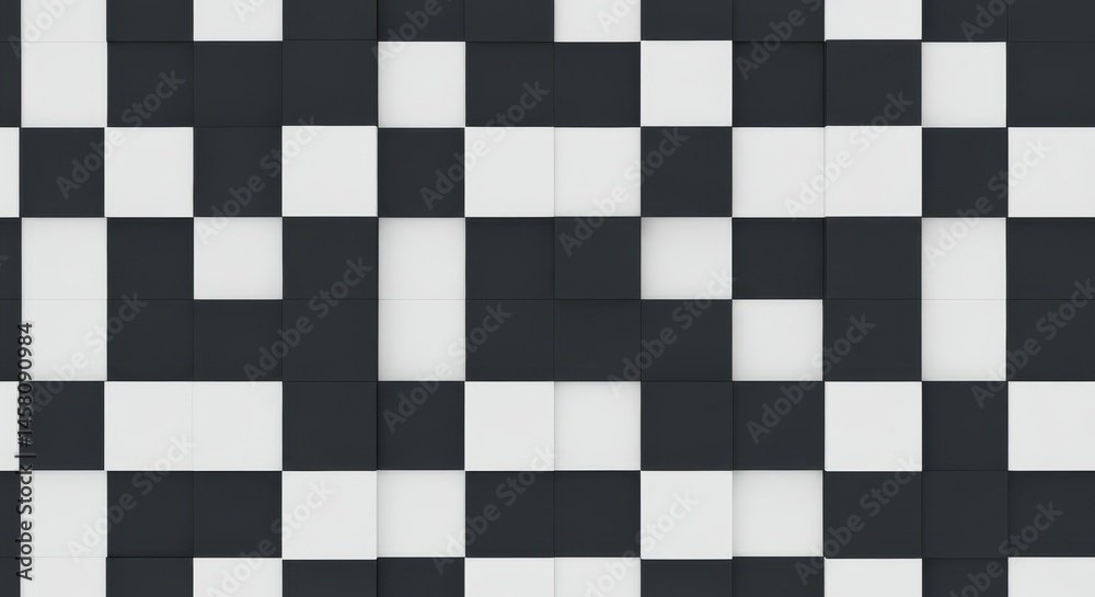 Fototapeta premium A checkerboard pattern of black and white squares creates a bold, geometric design reminiscent of a chess game or racing flag