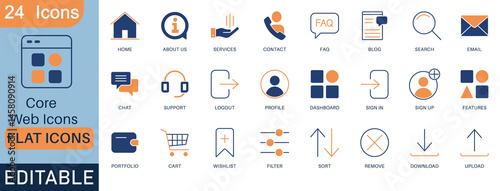 A set of 24 flat, editable web and UI icons including home, contact, login, cart, dashboard, upload, and more. Ideal for websites, e-commerce, SaaS apps, and user interface design.