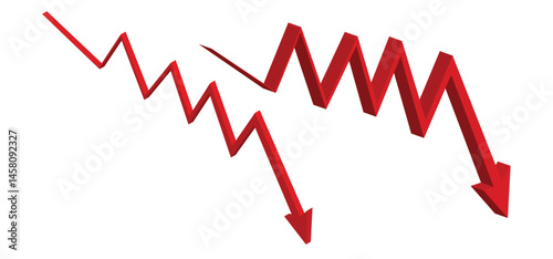 3D red business arrow graph falling down. inflation bar chart. finance and economy trading loss. market volatility. financial planning. global crisis concept