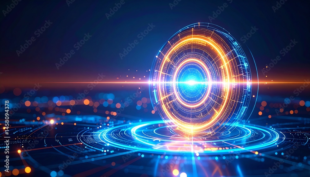 Fototapeta premium A glowing digital portal with concentric neon circles and futuristic tech elements, set against a dark and dynamic background.