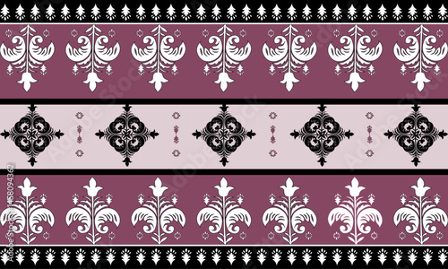 Vintage floral rug pattern in mauve, black, and ivory with classic ornamental borders, perfect for elegant interiors, boho decor, carpet, cover fabric, rug, table lines, and for clothing