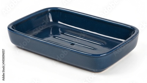Bath accessory. Dark blue ceramic soap dish isolated on white
