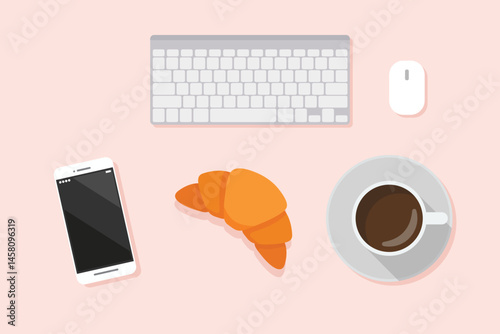 Cup of coffe drink with croissant and phone