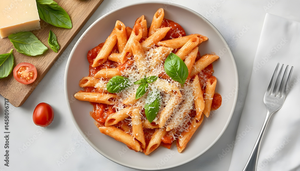 Delicious pasta with tomato sauce, basil and cheese on served gray textured table, flat lay Delicious pasta with tomato sauce, basil and cheese on served gray textured table, flat lay