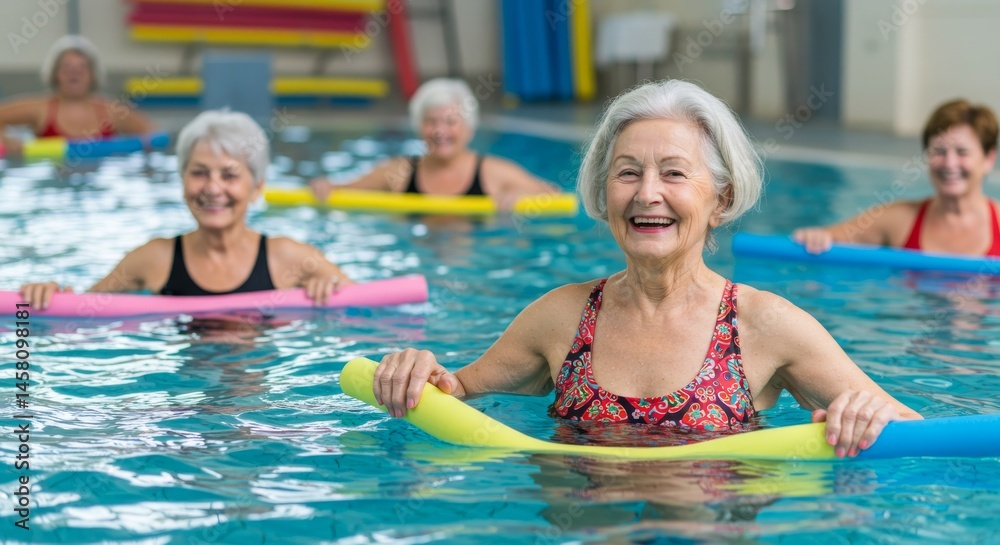 Obraz premium Active senior women participating in aqua aerobics class for maintaining health