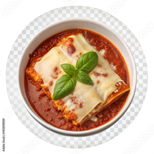 Hot Lasagna with Basil Leaf in Rich Tomato Sauce – High-Quality Italian Cuisine Vector for Restaurant Menus, Food Packaging, Recipe Blogs, and Authentic Homemade Pasta Promotions