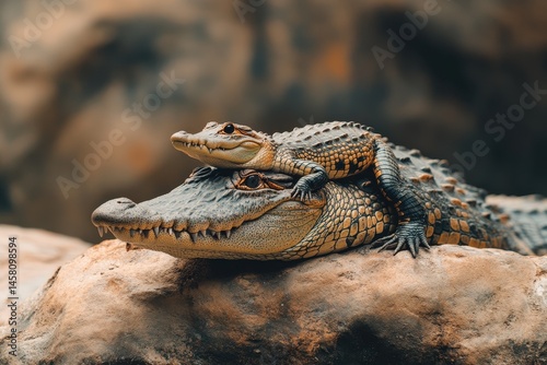 Baby caiman crocodiles basking in the sun on a rock in their natural habitat, Cute shot of 2 baby Caiman crocodiles sunning themselves on the back of their large mother photo
