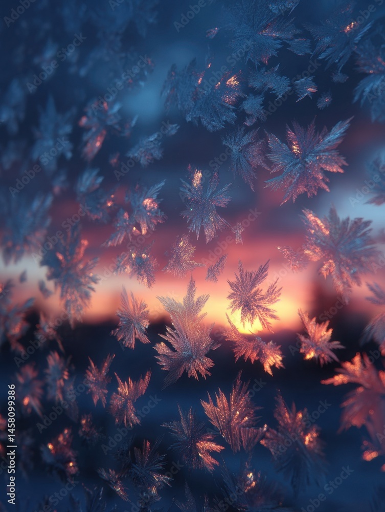 Fototapeta premium Frost patterns on a window with a colorful winter sunset in the background.