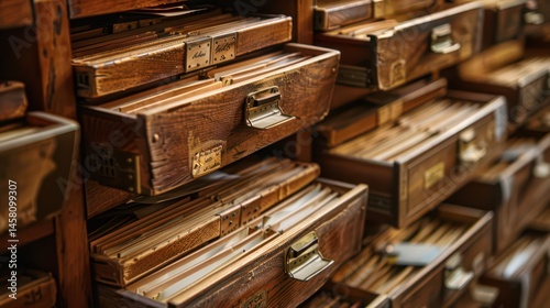 Celebrating international archives day with vintage file cabinets and documentation. Horizontal banner. Copy space. World Library Day