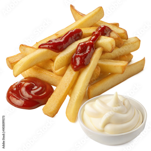  French Fries with Ketchup and Mayonnaise in a Fun Snack Layout – High-Quality Transparent PNG for Fast Food Promotions, Snack Menus, Social Media Posts, and App Interface Food Design