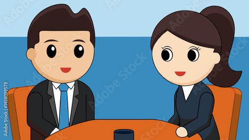 "Business Job Interview Concept: Vector Cartoon Illustration of Man in Suit Asking Questions to Woman Sitting at Table"