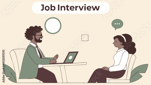 "Business Job Interview Concept: Vector Cartoon Illustration of Man in Suit Asking Questions to Woman Sitting at Table"