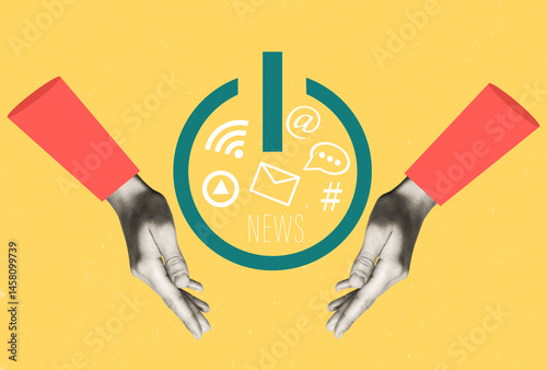 Digital detox concept. Hands around green smartphone shutdown button on yellow background. No social media. Smartphone break.