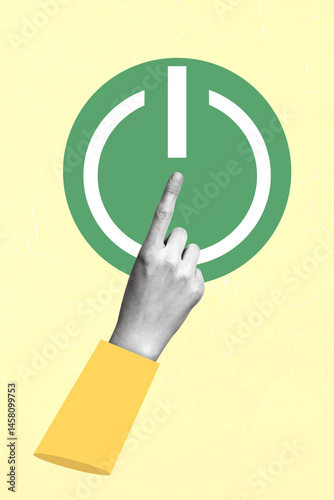 Digital detox concept. Hand pressing green off button on smartphone on yellow background. Social media addiction. Mental health overload.