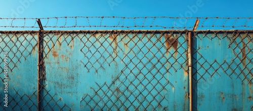 Rusty Metal Fence with Barbed Wire Against Clear Blue Sky