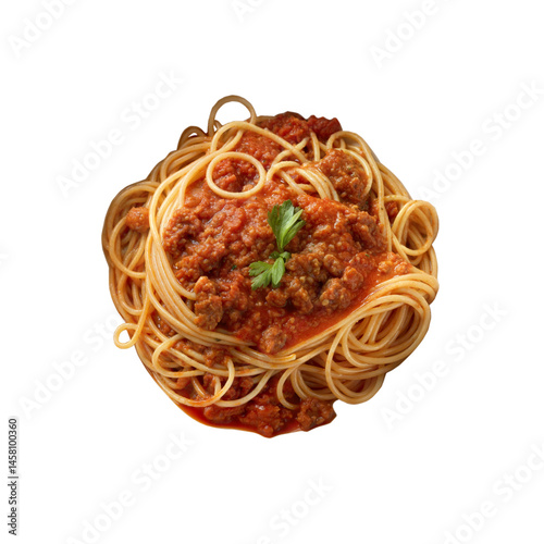 Classic Spaghetti Bolognese with Meat Sauce and Herbs – High-Quality Overhead Food PNG for Italian Cuisine Menus, Pasta Recipe Cards, Restaurant Branding, and Culinary Blog Visual Content