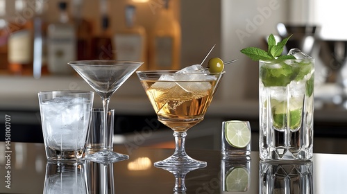 Close-up view of various cocktails in elegant glassware.