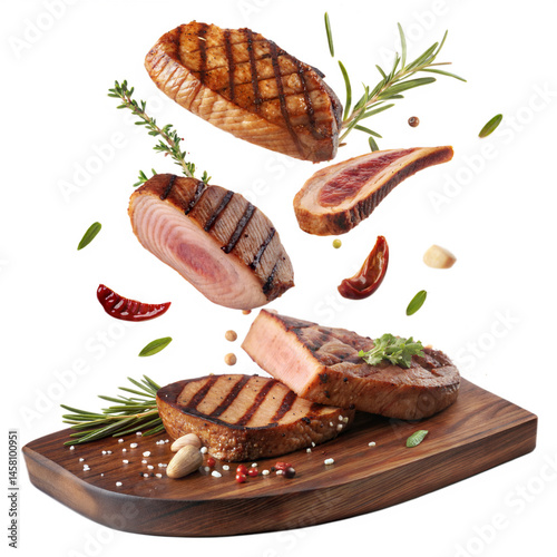 Assorted Grilled Meat Cuts with Herbs and Spices on Wooden Board – Premium Transparent PNG for Steakhouse Menus, BBQ Events, Gourmet Recipes, Butchery Branding, and Food Blogger Visuals