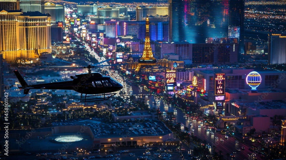 Las Vegas Strip at Night from Above - Helicopter View