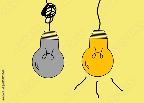 Conceptual illustration contrasting a lack of ideas with a bright, innovation solution