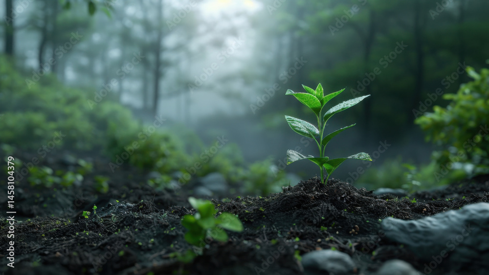 Fresh green plant sprouting in forest with soft sunlight background Fresh green plant sprouting in forest with soft sunlight background