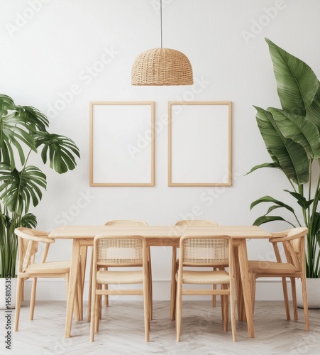 Modern Dining Room with Minimalist Decor and Tropical Plants