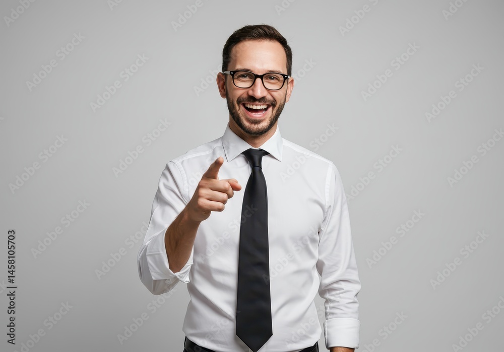 Smiling man in shirt and tie pointing directly at the viewer with a cheerful expression Smiling man in shirt and tie pointing directly at the viewer with a cheerful expression