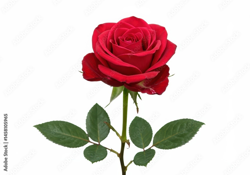Single red rose with green leaves isolated against a white background Single red rose with green leaves isolated against a white background