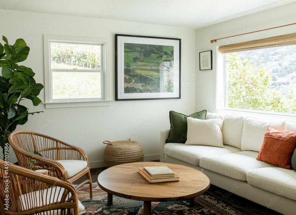 Fototapeta premium Cozy and Inviting Living Room with Natural Light and Greenery