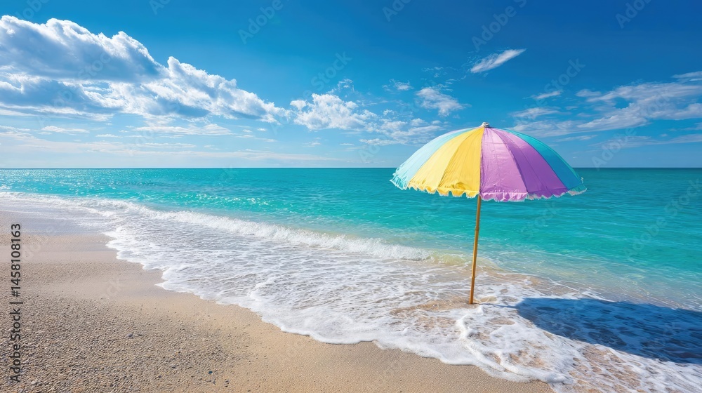 Pink summer vacation with pastel parasol on empty beach concept. Colorful beach umbrella on a sunny day by the turquoise ocean. Pink summer vacation with pastel parasol on empty beach concept. Colorful beach umbrella on a sunny day by the turquoise ocean.