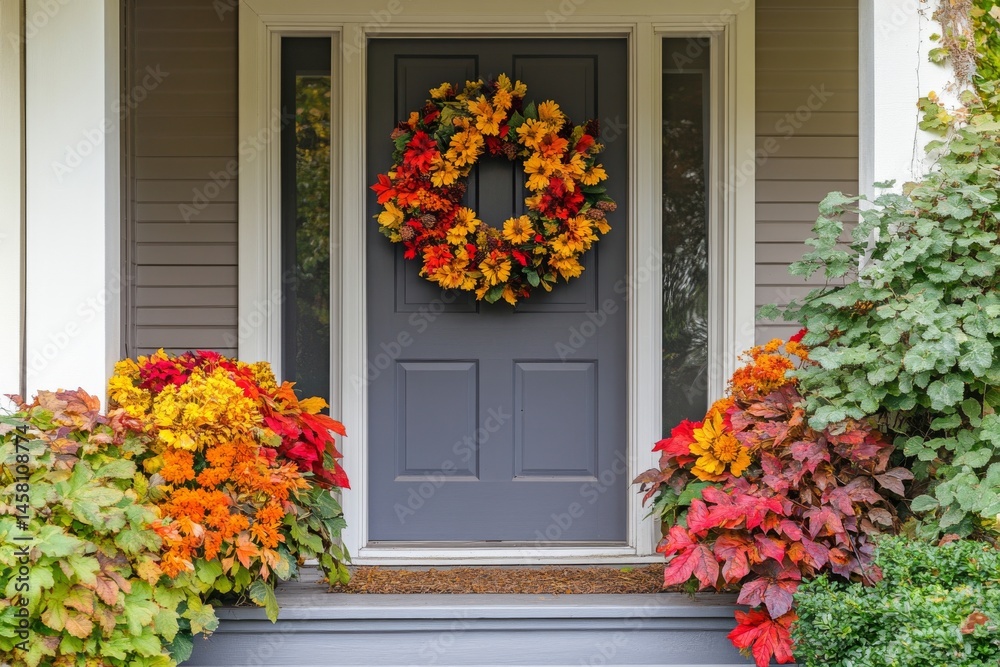 Fototapeta premium Autumn wreath and colorful fall foliage decorating a cozy front porch with red door and seasonal charm