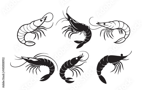 Shrimp silhouette set, shrimp icon vector, Sea lobster, shrimp clipart. Vector Illustration eps 10