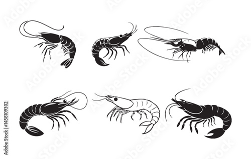 Shrimp silhouette set. Isolated shrimp on white background. Prawns. Vector illustration
