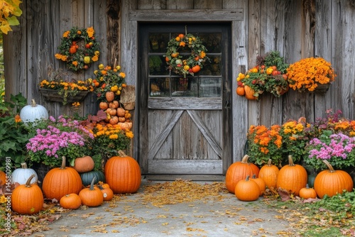 Rustic farmhouse entrance decorated with pumpkins, autumn wreaths, and colorful mums for a cozy seasonal welcome photo