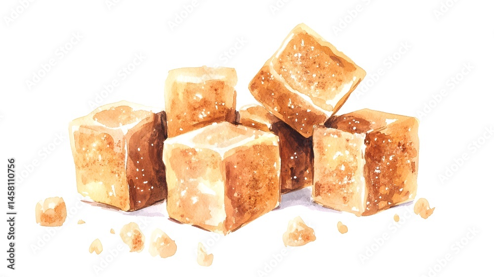 Hand-painted illustration of light brown sugar cubes. Hand-painted illustration of light brown sugar cubes.