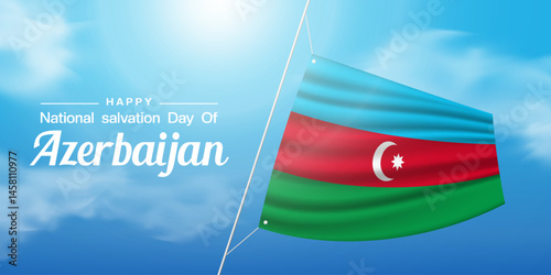 Happy National Salvation Day Of Azerbaijan. Azerbaijan flag, cloud and sun. Great for posters, banners, social media and more. Blue sky background.