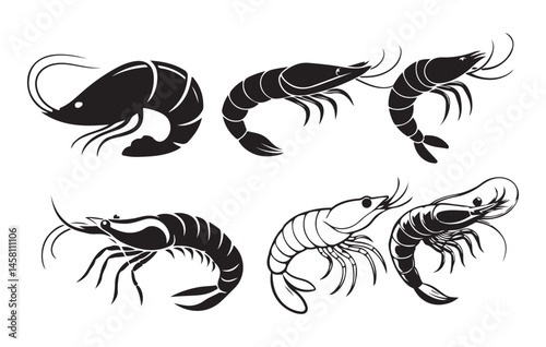 shrimp vector set  silhouettes with various poses and actions. shrimp vector. Shrimp Silhouette Seafood Design Vector for Culinary Branding. EPS 10