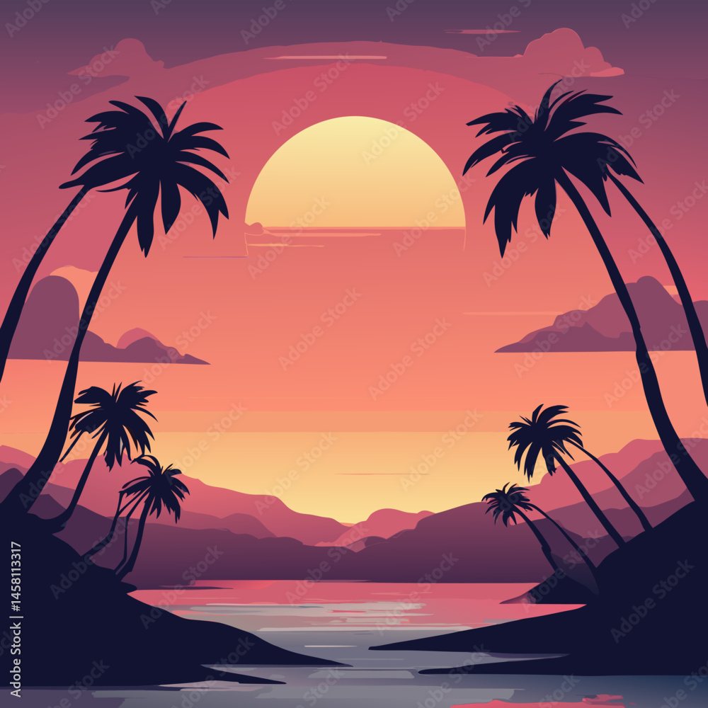Fototapeta premium Dreamy Sunset Landscapes – Tropical Silhouettes & Golden Horizons